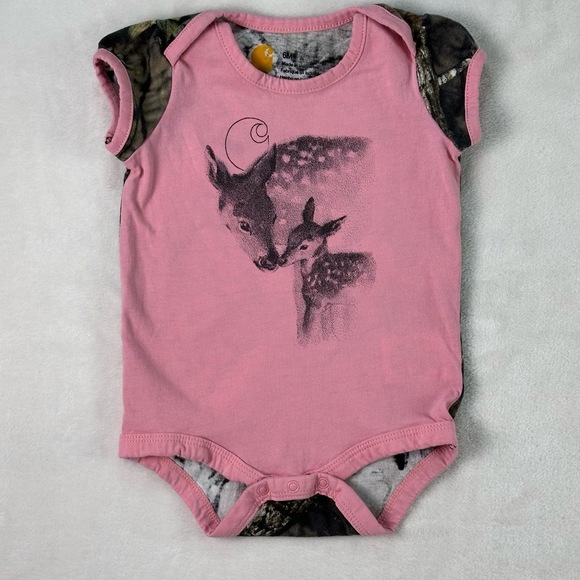 🌸3/$15🌸 CARHARTT Pink Mossy Oak Hunting Deer Camo Sleeve Baby Girls Bodysuit 6M - Picture 2 of 13